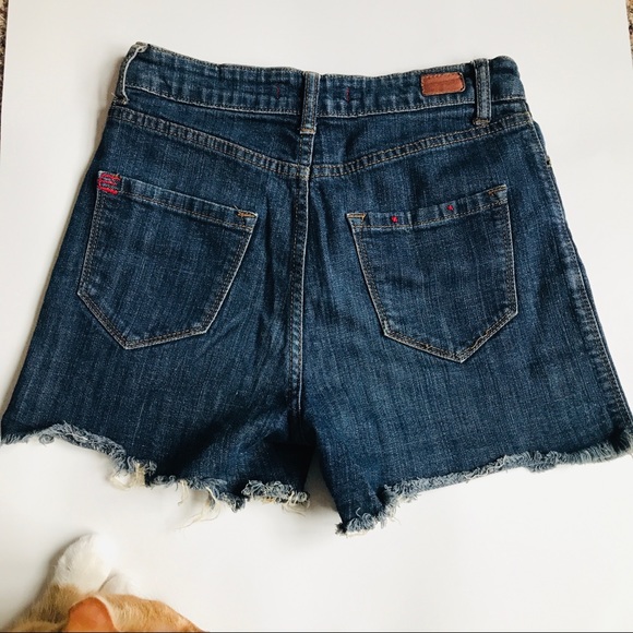 BDG Urban Outfitters Dark Wash High Rise Raw Hem Jean Shorts - Picture 7 of 7